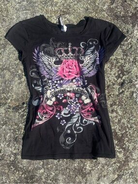 SOLD Black Short Sleeve Graphic Baby Tee with Pink Rose and Wings Goth Emo Punk